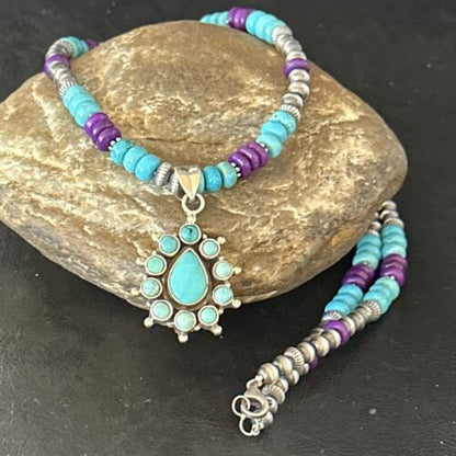 Blue Turquoise Sugilite Multi-Stone Necklace Pendant | Navajo Sterling Silver | 14640