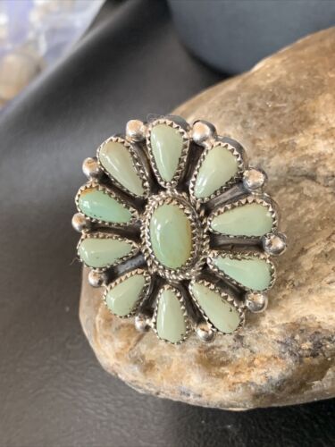 Navajo Green Turquoise Cluster Ring | Authentic Native American Sterling Silver | Multi-Stone | Sz 7.5 | 12190