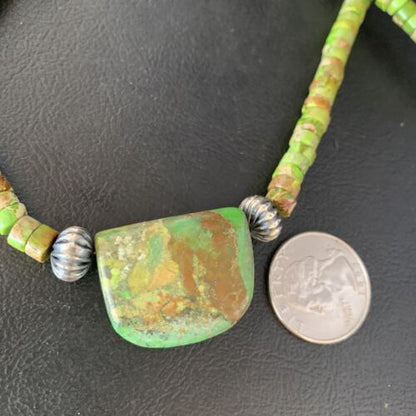 Navajo Green Gaspeite Turquoise Pendant | Sterling Silver | Authentic Native American Handmade | 13912