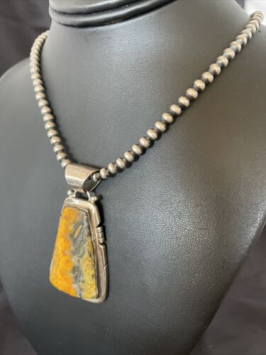 Men's Navajo Pearls Necklace with Bumblebee Jasper Pendant | Sterling Silver | Native American Handmade | 10554