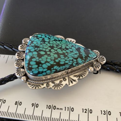 Native American Men's Bolo Tie | Blue Spiderweb Turquoise | Sterling Silver | Navajo Handmade | 12364
