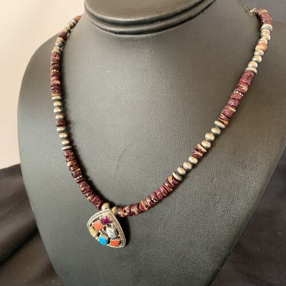 Navajo Multi-Color Multi-Stone Pendant | Authentic Native American Sterling Silver | Purple Spiny Oyster Necklace | 12356