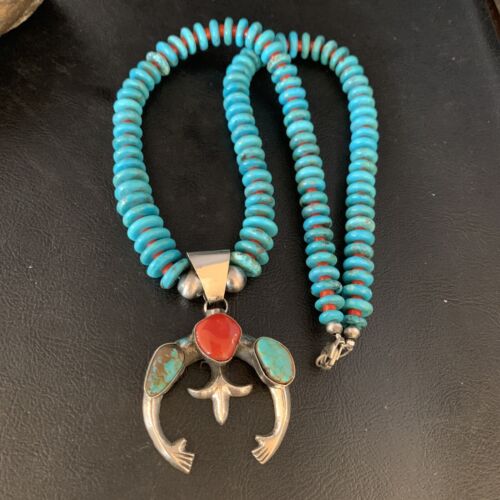 Navajo Sterling Silver Necklace with Blue Turquoise & Coral Naja Pendant | 13746