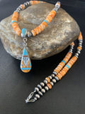 Navajo Pearls, Orange Spiny Oyster & Turquoise Sterling Silver Necklace with Pendant | Authentic Native American | 12704