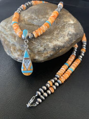 Navajo Pearls, Orange Spiny Oyster & Turquoise Sterling Silver Necklace with Pendant | Authentic Native American | 12704