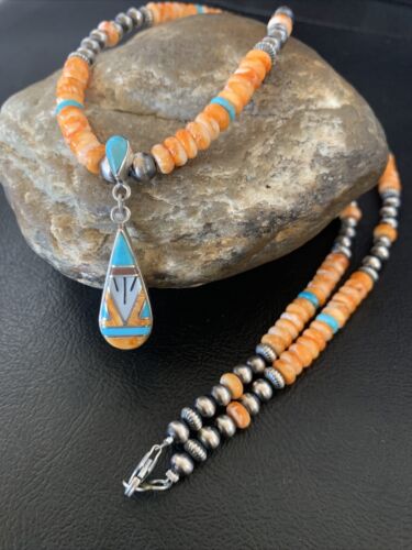 Navajo Pearls, Orange Spiny Oyster & Turquoise Sterling Silver Necklace with Pendant | Authentic Native American | 12704
