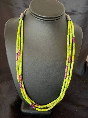 Navajo Green Purple Jasper 3-Strand Bead Necklace | Sterling Silver | 24" | Authentic Native American Handmade | 12511