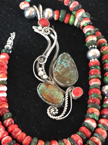 Navajo Turquoise #8 & Spiny Oyster Pendant Necklace | Sterling Silver | Native American Handmade | 8646