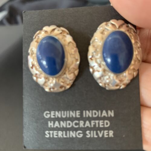 Native American Women's Blue Lapis Nugget Earrings | Sterling Silver | 13017