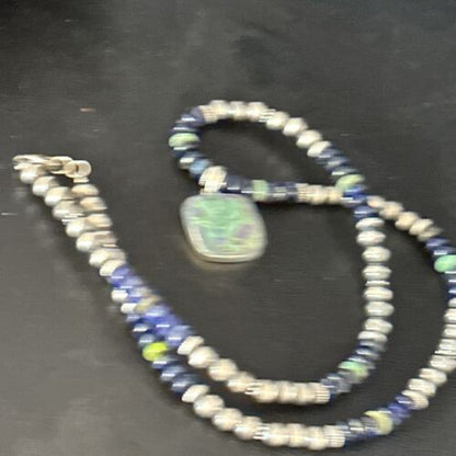 Navajo Green Turquoise Lapis Necklace with Opal Pendant | Sterling Silver | Authentic Native American Handmade | 14368