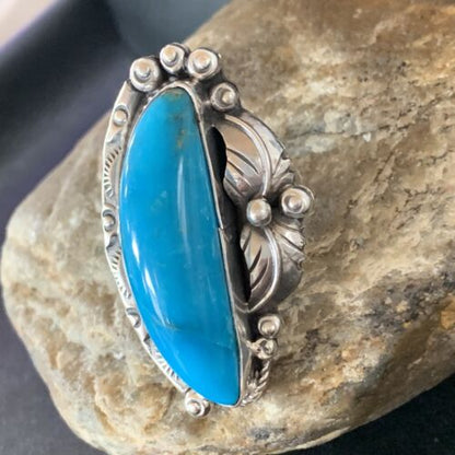 Navajo Blue Kingman Turquoise Ring | Sterling Silver Feather | Sz 9.5 | Authentic Native American Handmade | 10853