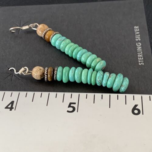 Navajo Green Turquoise & Picture Jasper Bead Earrings | Sterling Silver | Authentic Native American Handmade | 4080