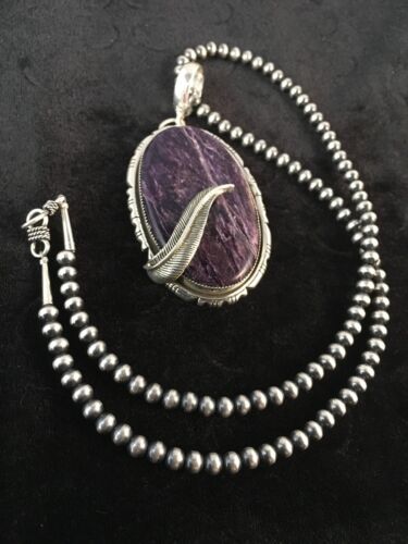 Navajo Charoite Feather Pendant | Sterling Silver Pearls Necklace | Authentic Native American Handmade | 8739