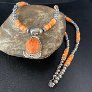 Navajo Orange Spiny Oyster Pendant Necklace | Sterling Silver | Authentic Native American Handmade | N 13650