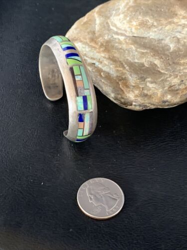 Old Pawn Navajo Turquoise Gaspeite Lapis Inlay Bracelet | Sterling Silver | Authentic Native American Handmade | 14160