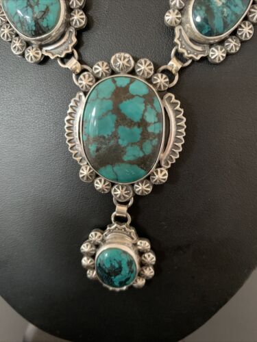 Navajo Lariat Spiderweb Turquoise Pendant Necklace | Sterling Silver | 25" | Authentic Native American Handmade | 01336