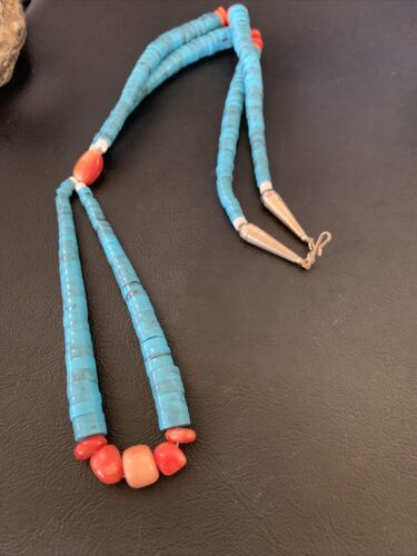 Southwestern Santo Domingo Pink Coral Blue Turquoise Jacla Necklace | 20" | Authentic Native American Handmade | 12516