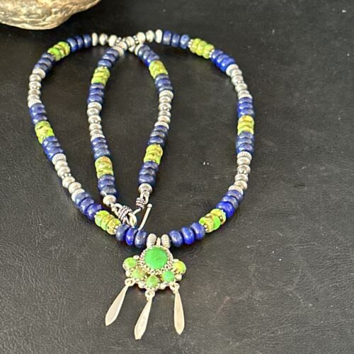 Navajo Green Turquoise Lapis Multi-Stone Necklace Pendant | Authentic Native American Sterling Silver | 14615