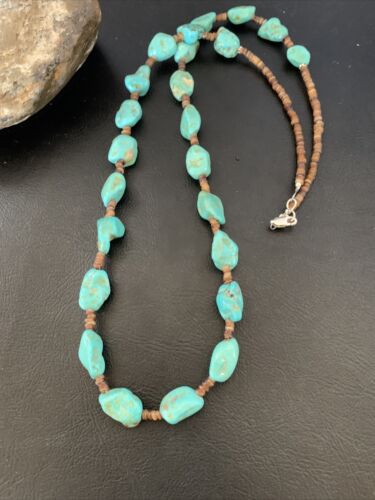 Navajo Pearls Nugget Blue Turquoise Necklace | Sterling Silver Shell | 26" | Authentic Native American Handmade | 12541