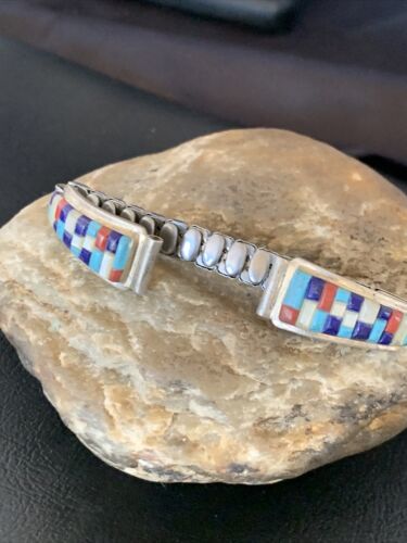 Navajo Sterling Silver Watch Tips with Turquoise, Coral & Mother of Pearl Inlay Band | Authentic Native American Jewelry | 12138