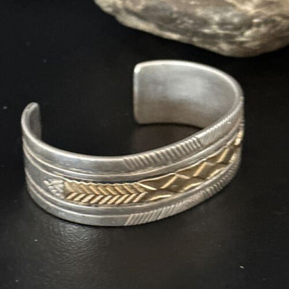 Men's Navajo Handmade Stamped Cuff Bracelet | Sterling Silver & 12K Gold | Authentic Native American | 14593