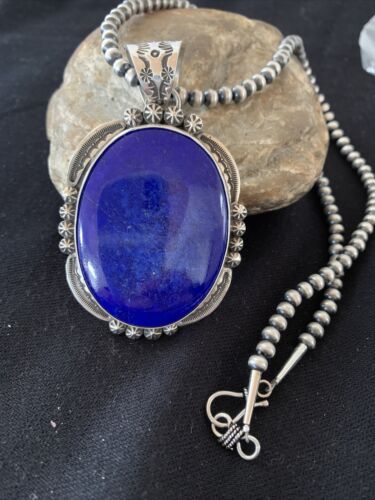 Men's Lapis Lazuli Pendant | Navajo Pearls Sterling Silver Necklace | Authentic Native American Handmade | 1282