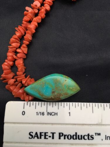 Native American Turquoise Coral Pendant Necklace | Brass Old Pawn | 19" | 4005