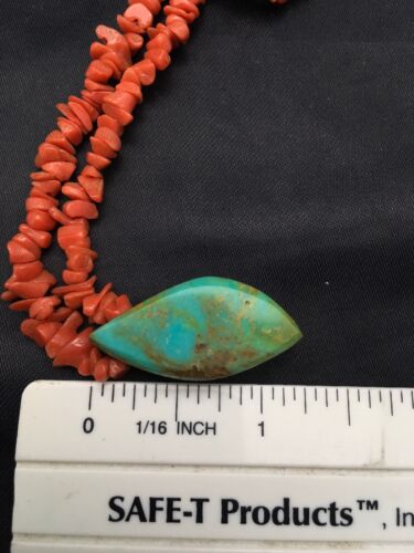 Native American Turquoise Coral Pendant Necklace | Brass Old Pawn | 19" | 4005 - Masha USA