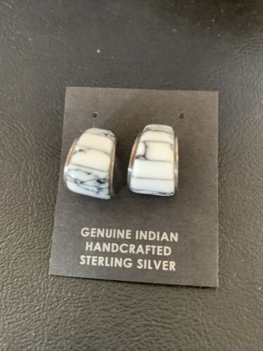 Navajo White Buffalo Turquoise Inlay Earrings | Sterling Silver | 0.50" | Authentic Native American Handmade | 12997