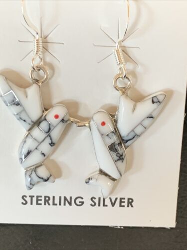 Navajo Sterling White Buffalo Turquoise Hummingbird Dangle Earrings | 1" | Authentic Native American Handmade | 12313