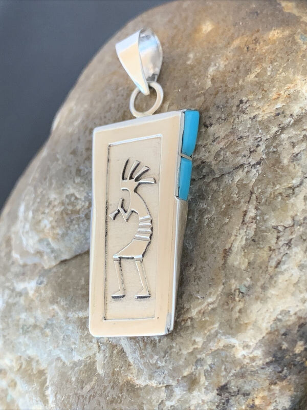Navajo Kokopelli Stamp Turquoise Inlay Pendant | Sterling Silver | Authentic Native American Handmade | 10958