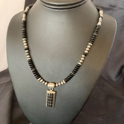 Navajo Black Onyx Inlay Pendant | Sterling Silver Necklace with Pearls | Authentic Native American Handmade | 12282