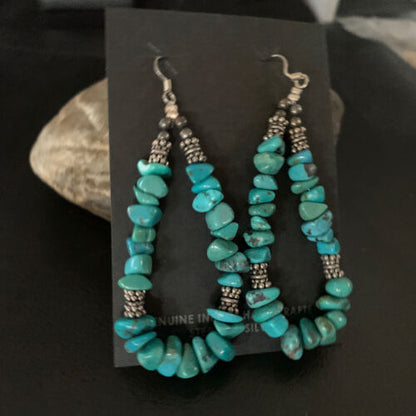 Navajo Turquoise Bead Nugget Earrings | Sterling Silver Pearls | 3" | Authentic Native American Handmade | 12890