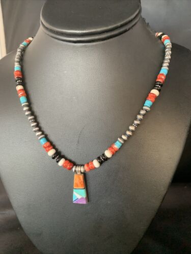 Navajo Multi-Color Turquoise Onyx Inlay Pendant Necklace | Sterling Silver | 13798