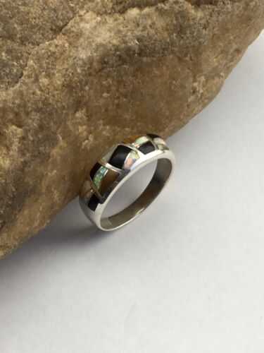 Navajo Sterling Silver Opal, Black Onyx & Tigers Eye Inlay Ring | Sz 11 | Authentic Native American Handmade | 01602