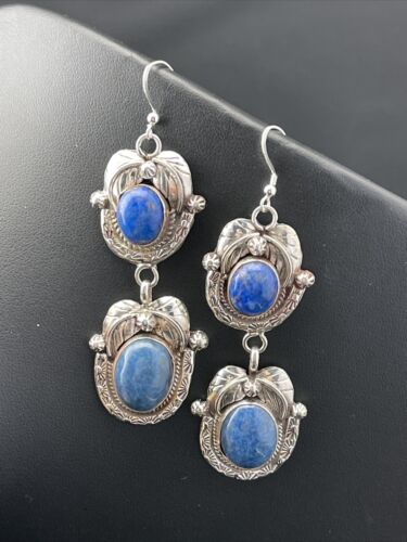 Southwestern Navajo Denim Lapis Dangle Earrings | Sterling Silver | 2" | 01798