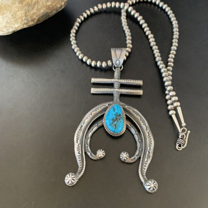 Navajo Kingman Turquoise Naja Pendant | Sterling Silver | Authentic Native American Handmade | 11518