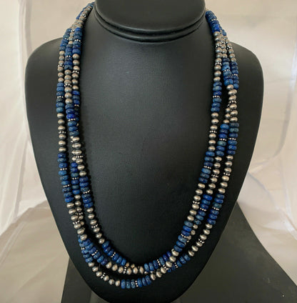 Navajo Pearls Denim Lapis Necklace | 3 Strand Sterling Silver | 21" | Authentic Native American Handmade | 929