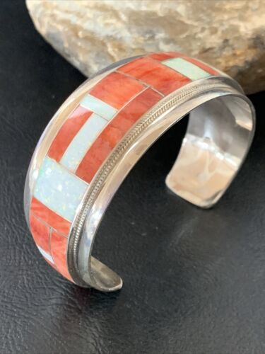 Native American Zuni Red Spiny Oyster Opal Inlay Cuff Bracelet | Sterling Silver | 12096