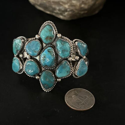 Men's Sterling Silver Cuff Bracelet | Blue Kingman Turquoise Cluster | Authentic Native American Handmade | 14596