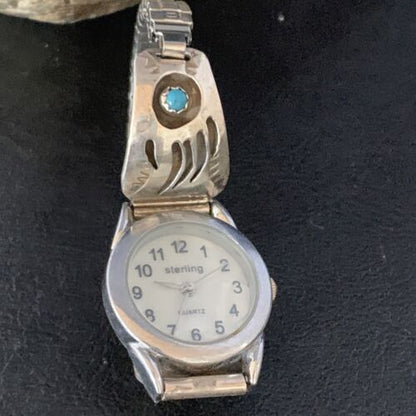 Women's Navajo Sterling Silver Watch Tips with Blue Turquoise | Bear Paw Design | Authentic Native American Jewelry | 13692