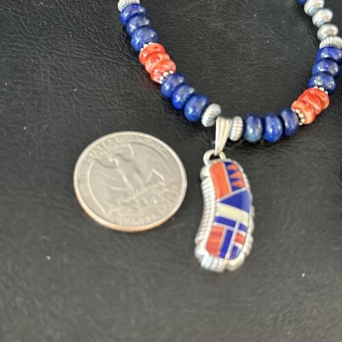 Navajo Blue Lapis Spiny Oyster Necklace Pendant | Sterling Silver Inlay | Authentic Native American Handmade | 14617