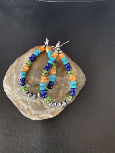 Navajo Multi-Color Lapis Spiny Turquoise Dangle Earrings | Sterling Silver | Authentic Native American Handmade | 12978