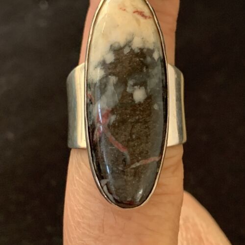 Navajo Men's White Black Cinnabrite Ring | Sterling Silver | Sz 7.5 | Authentic Native American Handmade | 1556