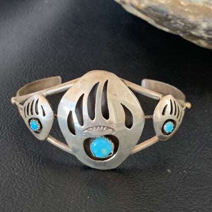 Navajo Turquoise Bear Paw Cuff Bracelet | Sterling Silver | Authentic Native American Handmade | 12874