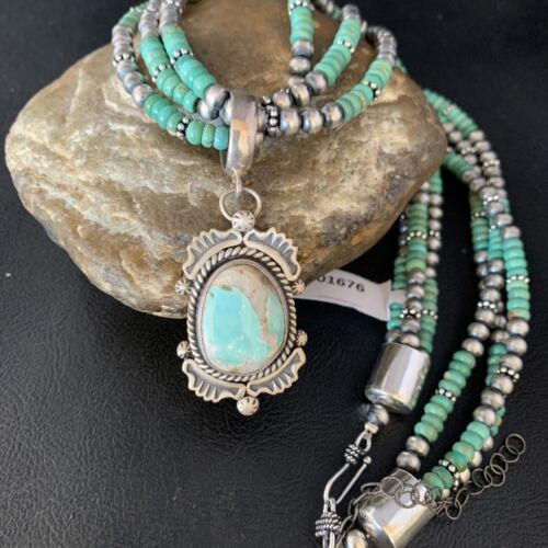 Navajo Royston Turquoise Pendant | Sterling Silver | 3-Strand Spiny Necklace | Authentic Native American Handmade | 01676