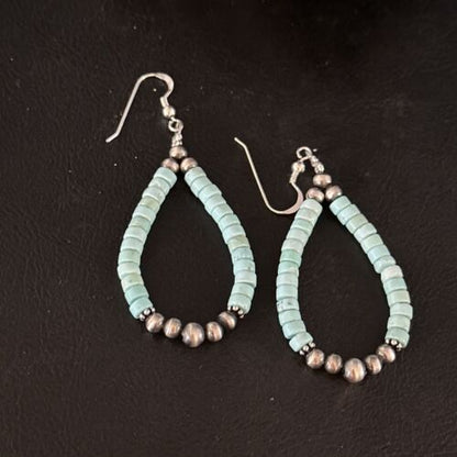 Navajo Blue Turquoise Heishi Dangle Earrings | Sterling Silver | 2" | Authentic Native American Handmade | 14363