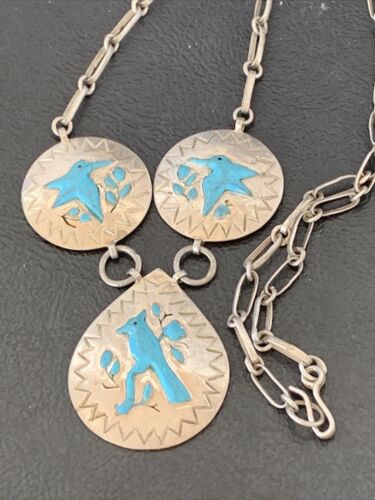 Vintage Zuni Blue Turquoise Necklace Pendant | Sterling Silver | Old Pawn | Native American Handmade | 19" | 1715