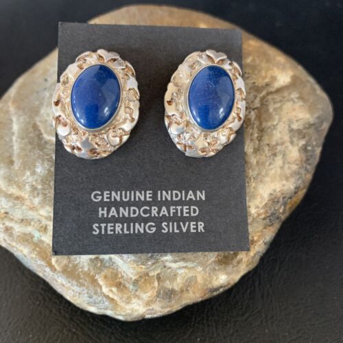 Native American Women's Blue Lapis Nugget Earrings | Sterling Silver | 13017