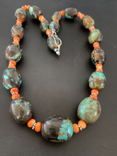 Navajo Green Turquoise & Orange Spiny Oyster Necklace | Sterling Silver | 23" | 1845